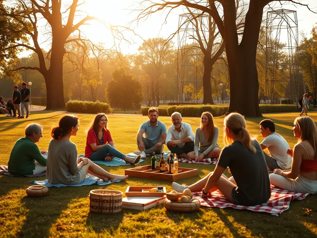 A scenic image of a group enjoying a picnic and playing leisurely pétanque in a park, emphasizing the relaxation and social aspects of the activity.
