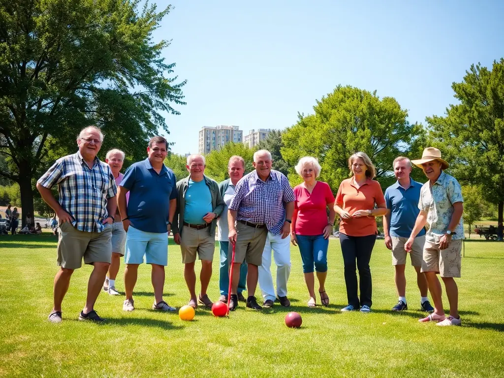 A group of diverse individuals laughing and playing pétanque in a park, showcasing the social and inclusive atmosphere of AMICALE PERIGNACAISE DE PETANQUE.