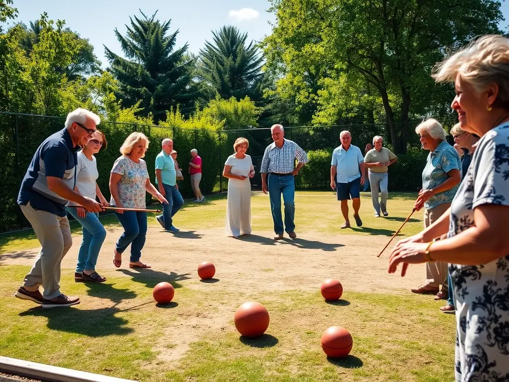 A group of diverse individuals laughing and playing pétanque in a park, showcasing the social and inclusive atmosphere of the activity.