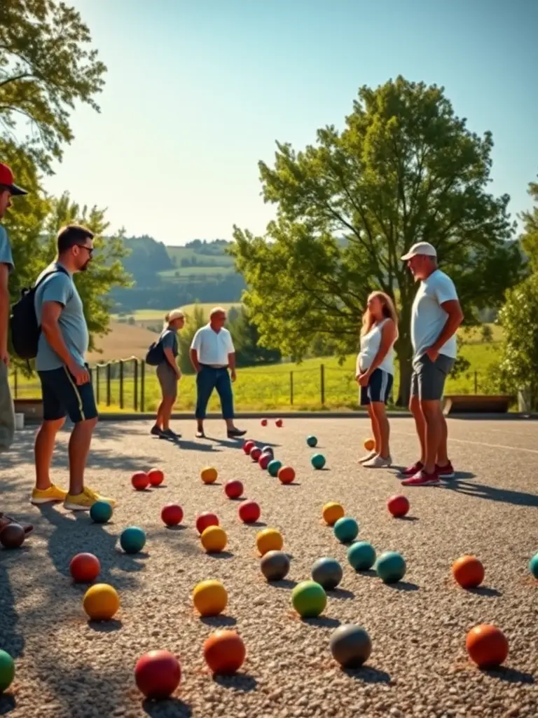 A picture of a coaching session where experienced players are teaching beginners the basics of pétanque, highlighting the inclusive nature of the club.