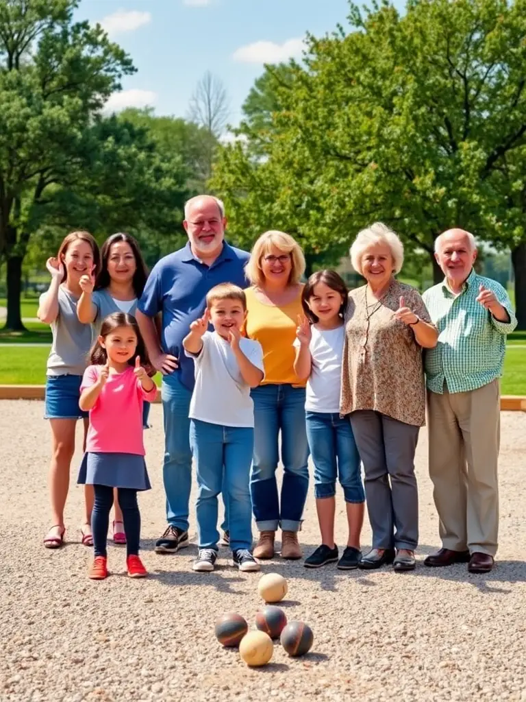 A photograph capturing a group of people of various ages playing pétanque in a park, focusing on the camaraderie and enjoyment of the game.