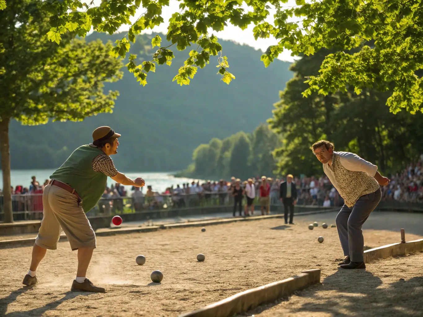 A photo capturing a friendly pétanque tournament, highlighting the competitive yet supportive spirit of the AMICALE PERIGNACAISE DE PETANQUE.