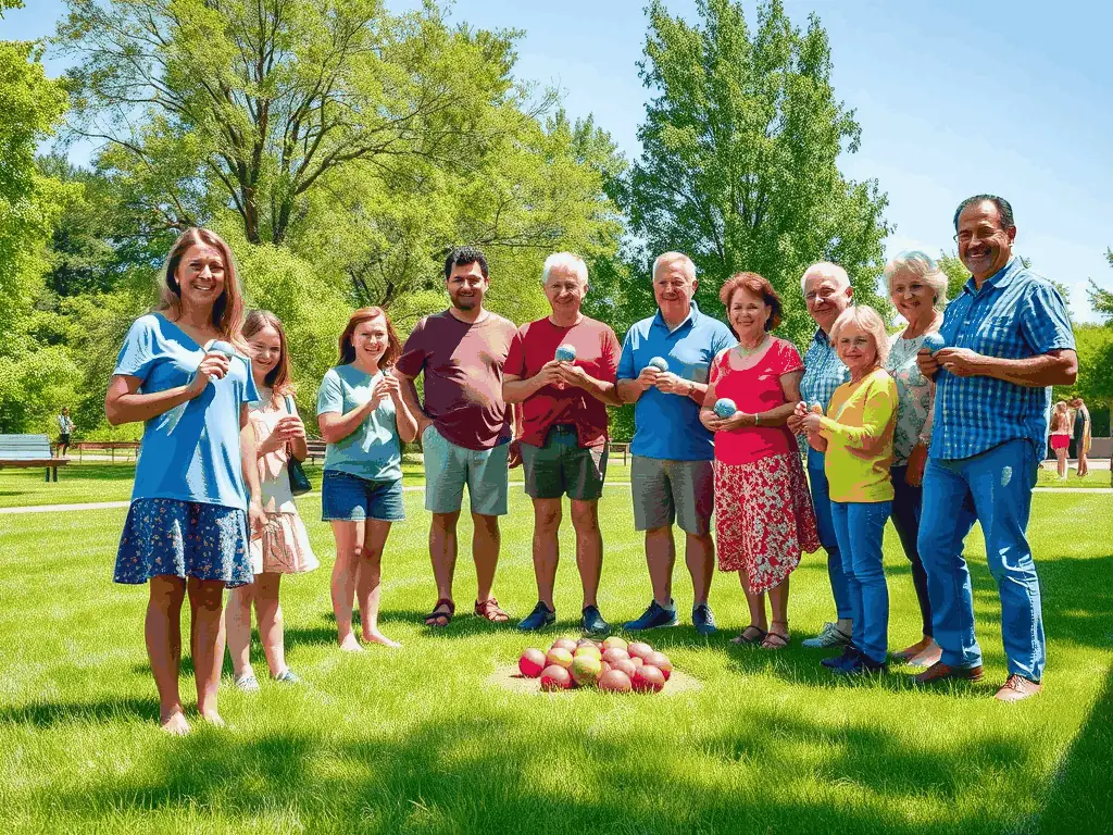 An image of people of different ages and backgrounds participating in a pétanque game, emphasizing the accessibility and inclusivity of the sport.