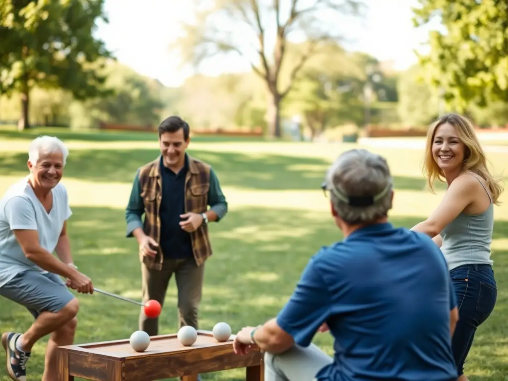 A group of people playing pétanque in a park, focusing on the camaraderie and social interaction during the game.