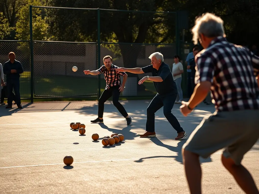 An image of a pétanque tournament with participants of various ages and backgrounds, highlighting the competitive aspect of the sport.